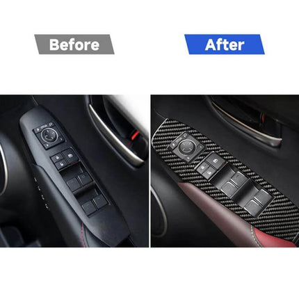 Carbon Fiber Decorative Sticker for Lexus NX Window Lift showing before and after interior window control panel enhancement
