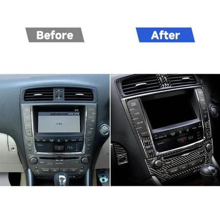 Carbon Fiber Glove Box Decorative Sticker for Lexus IS Series 2006-2012 showing before and after dashboard upgrade