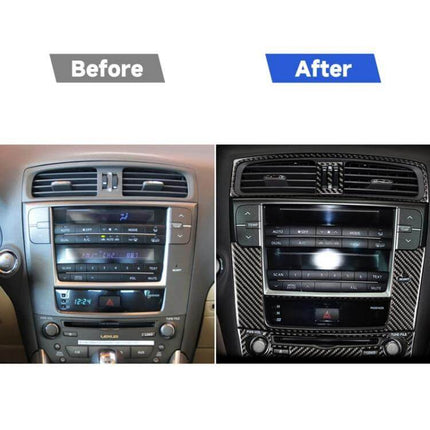 Carbon Fiber Middle Air Outlet Decorative Sticker for Lexus Models installed on dashboard before and after comparison