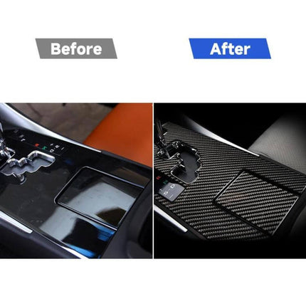Carbon Fiber Decorative Sticker for Lexus IS Cup Holder Panel installed — before and after comparison showing glossy panel replaced with carbon fiber finish