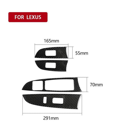 Carbon Fiber Decorative Window Sticker for Lexus IS Series shown as carbon fiber cut-to-fit window trim pieces with dimensions for IS250/IS300/IS350C 2006-2012