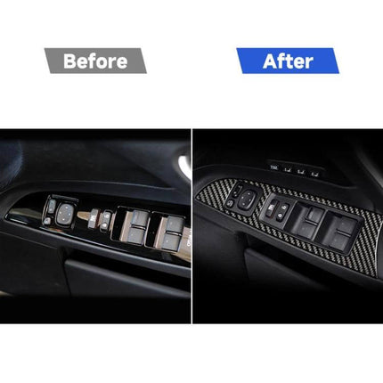 Carbon Fiber Decorative Window Sticker for Lexus IS Series shown before and after on inner door control panel, carbon fiber finish for IS250 IS300 IS350C 2006-2012