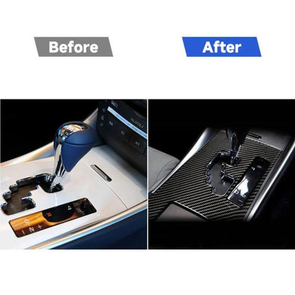 Before and after installation showing Carbon Fiber Decorative Sticker for Lexus IS Gear Shift applied to gear shift surround