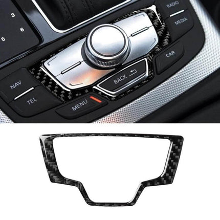 Carbon Fiber Decorative Sticker for Audi Interior Panels applied on center console control trim, sleek carbon fiber finish