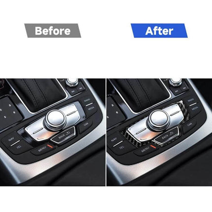 Carbon Fiber Decorative Sticker for Audi Interior Panels showing before and after center console trim enhancement
