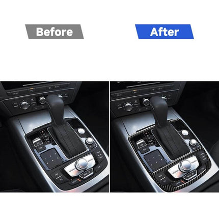 Before and after install showing Carbon Fiber Sticker for Audi A6 S6 C7 A7 S7 Gear Shift Panel fitted on gear shift area