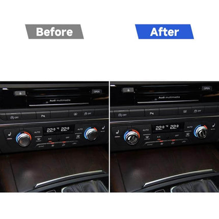 Carbon Fiber Decorative Sticker for Audi Air Conditioning Buttons shown before and after on Audi dashboard, subtle durable carbon fiber upgrade