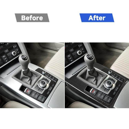 Before and after fitment showing Carbon Fiber Decorative Sticker for Audi A6 Gear Shift and Side Panel on center console, peel-and-stick upgrade