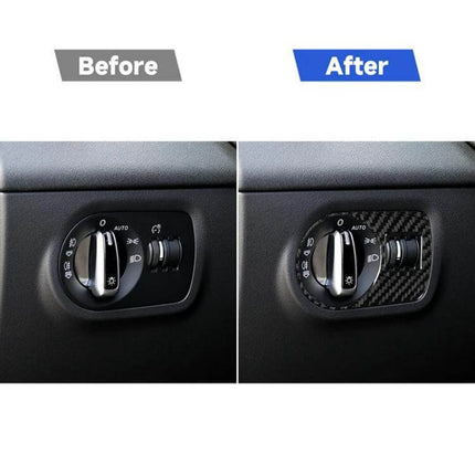 Carbon Fiber Decorative Sticker for Audi TT Headlight Switch shown before and after installation on 2008-2014 Audi TT dashboard