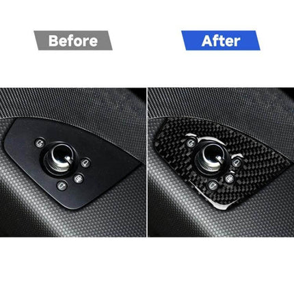 Decorative Carbon Fiber Sticker for Audi TT Door Buttons showing before and after interior button trim upgrade