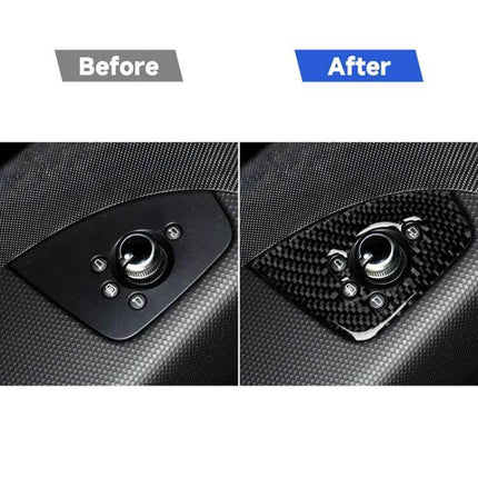 Decorative Carbon Fiber Sticker for Audi TT Door Buttons shown before and after on door control panel