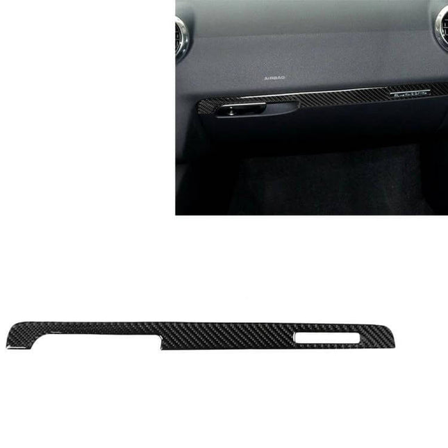 Carbon Fiber Decorative Strip for Audi TT Passenger Seat, Left Drive installed on glovebox area to update interior with subtle carbon fiber accent