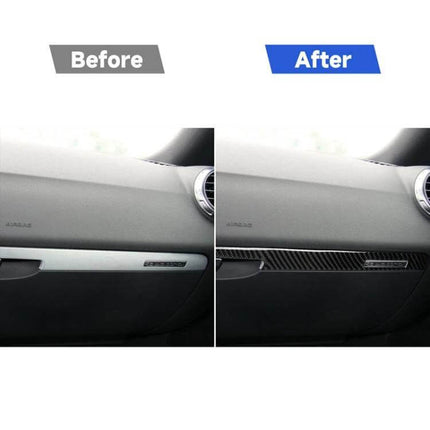 Carbon Fiber Decorative Strip for Audi TT Passenger Seat, Left Drive shown in before and after interior upgrade with carbon fiber finish