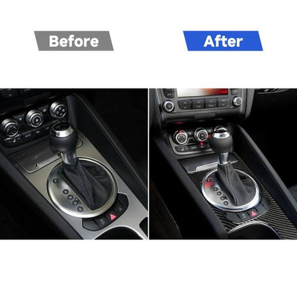 Before and after showing Carbon Fiber Decorative Sticker for Audi TT Interior applied around gear shifter for a modern customized cabin look
