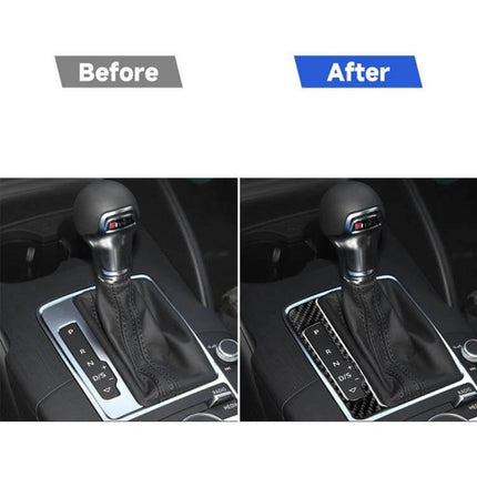 Carbon Fiber Decorative Sticker for Audi A3 Shift Frame showing before and after installation on shift frame, glossy carbon fiber finish enhancing dashboard look