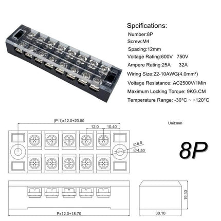 8-Way 25A Dual-Row Car Terminal Connector Set With Cover 5 Pack - 8P dual-row 25A terminal block with cover, M4 screws, 12mm spacing, PBT UL94V-0
