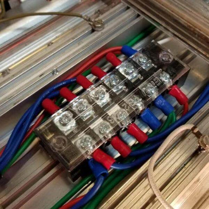 8-Way 25A Dual-Row Car Terminal Connector Set With Cover 5 Pack installed in RV panel showing tin-plated screws and PBT cover