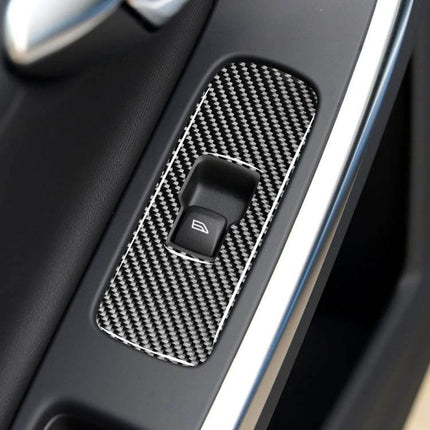 Carbon Fiber Decorative Stickers for Volvo V60 and S60, 3 Pack installed on door window switch panel showing textured carbon fiber finish