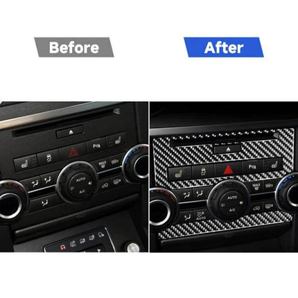 Decorative Carbon Fiber Sticker for Land Rover Discovery 4 Panel installed on center console before and after showing textured carbon fiber finish