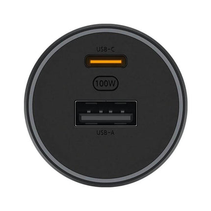 Xiaomi Car Charger With USB-C And USB-A Ports For On-The-Go Charging – close-up of dual-port charger face showing USB-C and USB-A ports, 100W marking, compact black design