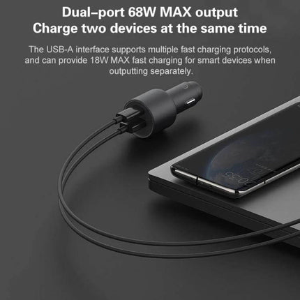 Xiaomi Car Charger With USB-C And USB-A Ports For On-The-Go Charging – compact dual-port 68W car charger charging smartphone and tablet during travel