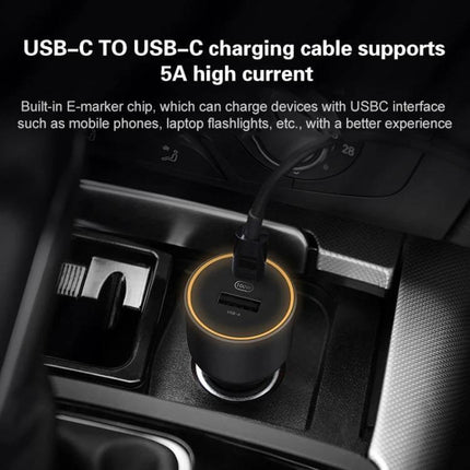 Xiaomi Car Charger With USB-C And USB-A Ports For On-The-Go Charging plugged into car cigarette lighter showing USB-C cable and orange LED ring