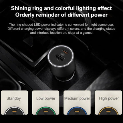 Xiaomi Car Charger With USB-C And USB-A Ports For On-The-Go Charging showing ring-shaped LED power indicator with colored lighting for standby low medium high power