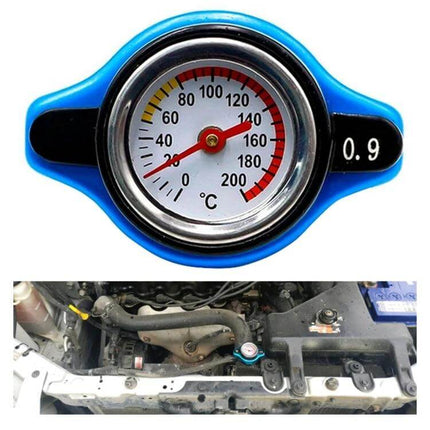 Car Water Tank Radiator Cover Accessory 0.9-1.3 Bar blue radiator cap with built-in temperature gauge showing Celsius and installed on car engine