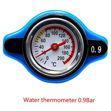Car Water Tank Radiator Cover Accessory 0.9-1.3 Bar blue radiator cap with built-in temperature gauge showing 0–200°C and 0.9 bar marking