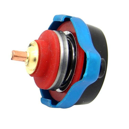 Car Water Tank Radiator Cover Accessory 0.9-1.3 Bar - close-up of blue and red radiator cap with pressure valve and seal