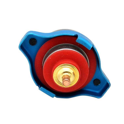 Alt Tag: Car Water Tank Radiator Cover Accessory 0.9-1.3 Bar metal blue and red pressure cap with brass valve and built-in temperature gauge