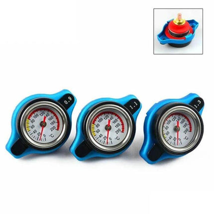 Car Water Tank Radiator Cover Accessory 0.9-1.3 Bar blue radiator cap with built-in temperature gauge showing pressure 0.9, 1.1, 1.3 bar