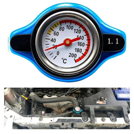 Car Water Tank Radiator Cover Accessory 0.9-1.3 Bar blue radiator cap with built-in temperature gauge showing °C and installed on car engine