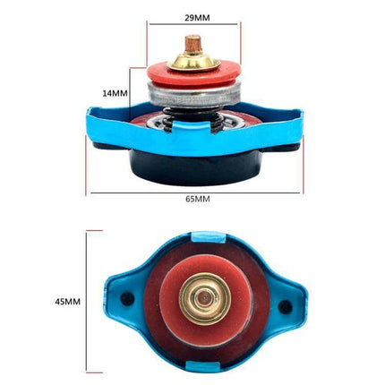 Car Water Tank Radiator Cover Accessory 0.9-1.3 Bar blue radiator cap with dimensions 65mm x 45mm close-up showing valve and seal