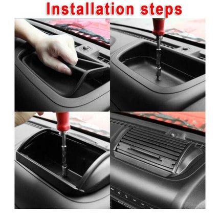 Dashboard Storage Organizer for Jeep Wrangler JK 2012-2017 installed on dashboard showing installation steps with screwdriver and storage tray