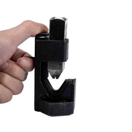 Car Battery Cable Crimp Tool For Terminals Everyday Use - hammer-style crimping tool held in hand for crimping insulated battery terminals and power cable ends