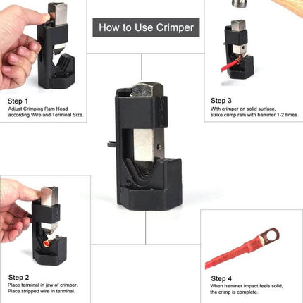 Car Battery Cable Crimp Tool For Terminals Everyday Use hammer-style crimper with steps showing adjusting, placing terminal, and hammer crimping for 8-1 AWG