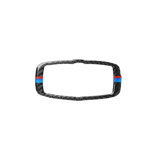 Carbon Fiber Decorative Sticker for BMW Headlight Switches — carbon fiber trim with blue and red racing stripes