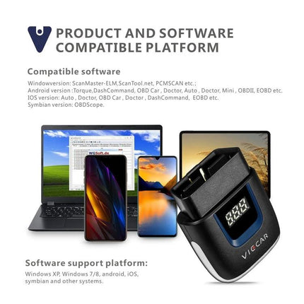 Viecar Tool for Daily Vehicle Maintenance and Checks compact OBD-II diagnostic device showing digital display and compatible devices