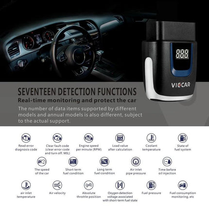 Viecar Tool for Daily Vehicle Maintenance and Checks compact OBD-II diagnostic device plugged into car dashboard for engine codes and voltage monitoring