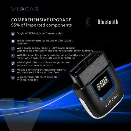 Viecar Tool for Daily Vehicle Maintenance and Checks compact Bluetooth OBD-II diagnostic scanner showing LED display and plug