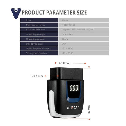 Viecar Tool for Daily Vehicle Maintenance and Checks compact OBD-II diagnostic device with display and dimensions shown