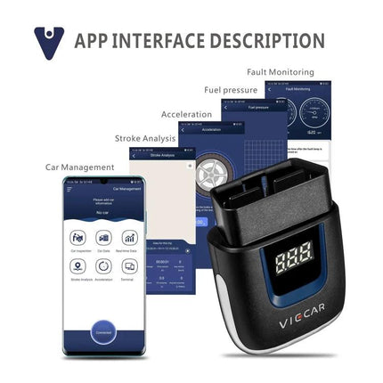 Viecar Tool for Daily Vehicle Maintenance and Checks compact OBD-II device with mobile app showing diagnostics and fault monitoring