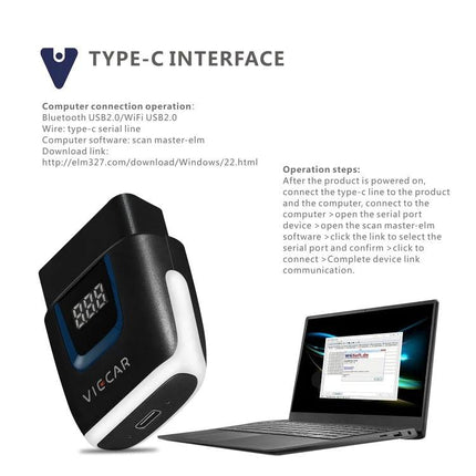 Viecar Tool for Daily Vehicle Maintenance and Checks compact OBD-II Type-C interface device shown with laptop for diagnostics
