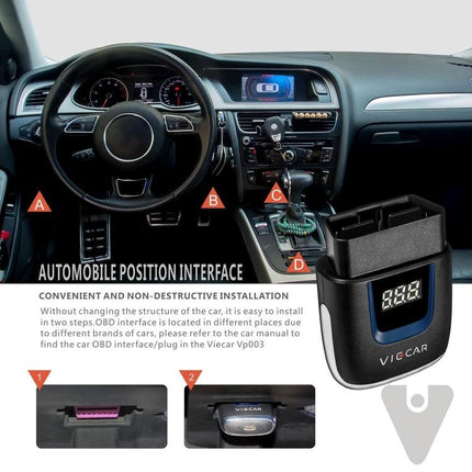Viecar Tool for Daily Vehicle Maintenance and Checks compact OBD-II diagnostic device plugged into car dashboard displaying voltage and codes