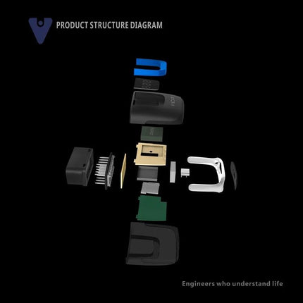 Viecar Tool for Daily Vehicle Maintenance and Checks exploded view showing OBD-II diagnostic device components and internal parts