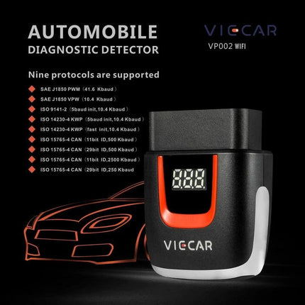 Viecar OBD Fault Detector for Everyday Car Troubleshooting plugged into OBD port with WiFi connection and digital display