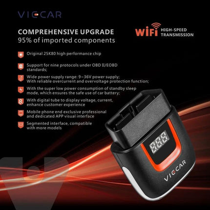 Viecar OBD Fault Detector for Everyday Car Troubleshooting - WiFi OBD-II scanner showing plug and display for quick vehicle diagnostics