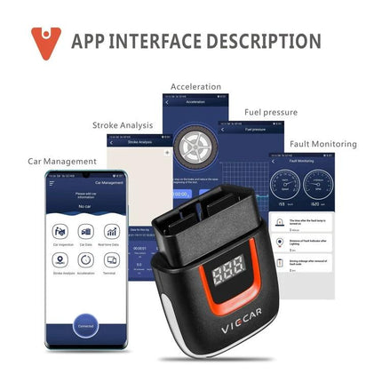 Viecar OBD Fault Detector for Everyday Car Troubleshooting - compact OBD WiFi adapter with smartphone app screenshots for fault monitoring