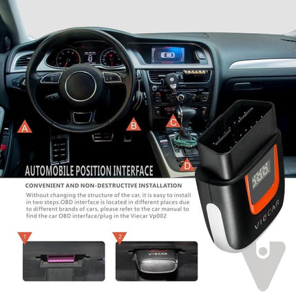 Viecar OBD Fault Detector for Everyday Car Troubleshooting plugged into car OBD port showing dashboard and smartphone WiFi connection